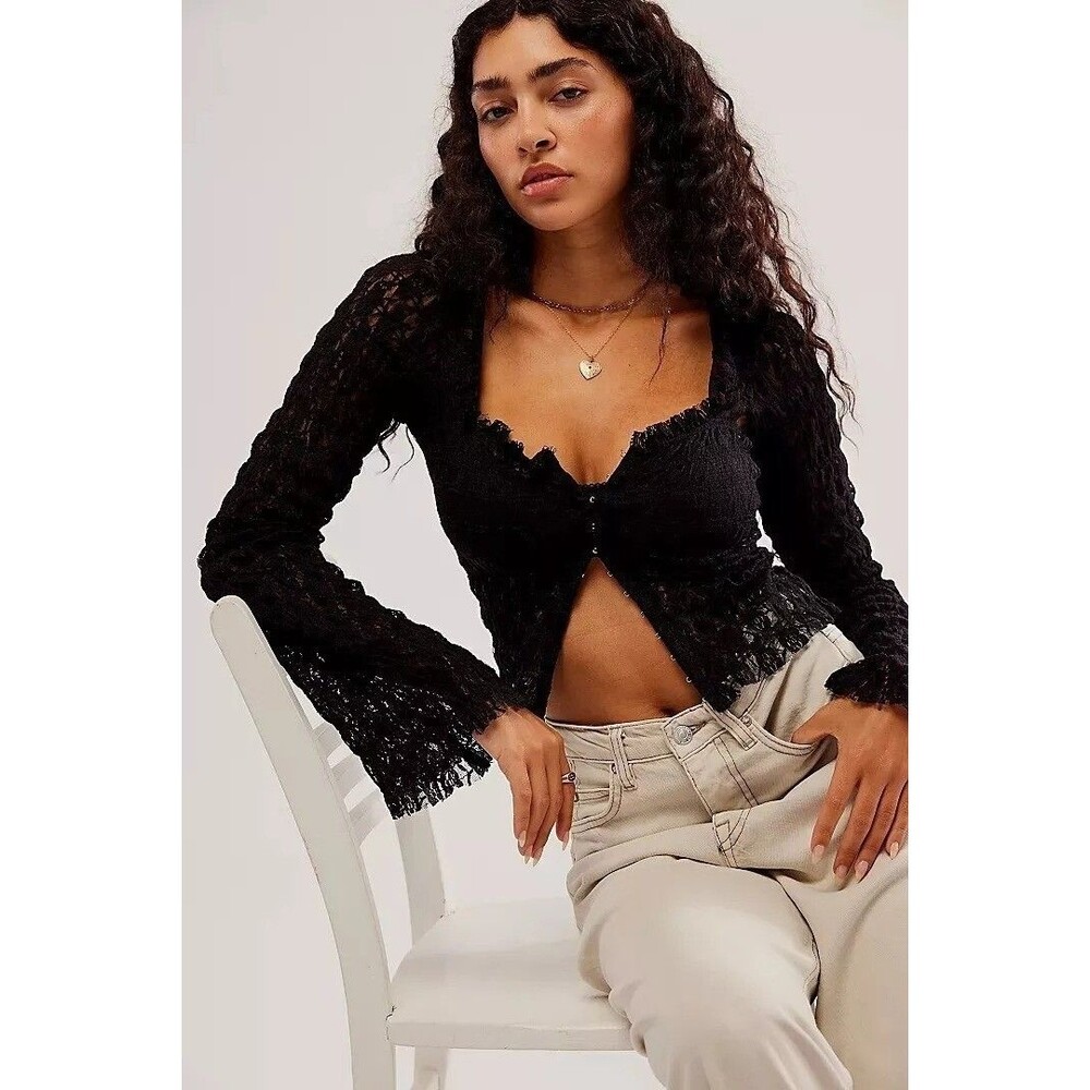 Free People FP One Madison Blouse Top Sheer Fitted Floral Lace Smocked S 281694